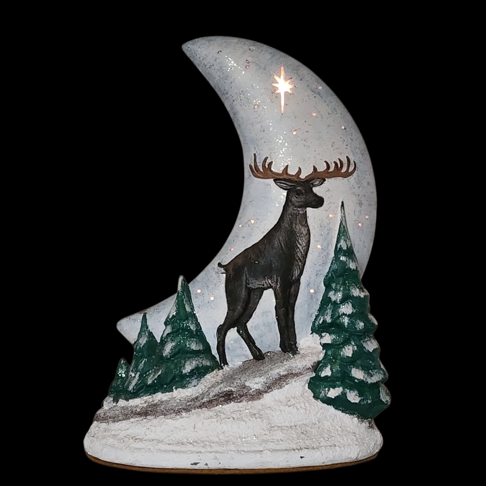 Vintage Ceramic Christmas Holy Night Moon Elk Deer Tree Star Lighted Flasher 9"